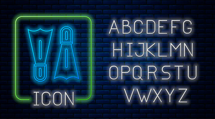 Glowing neon Rubber flippers for swimming icon isolated on brick wall background. Diving equipment. Extreme sport. Diving underwater equipment. Neon light alphabet. Vector © vector_v