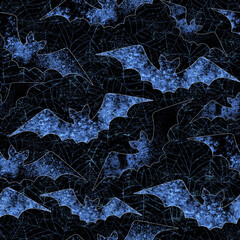 Halloween watercolor grunge seamless pattern with flying bats