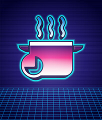 Retro style Cooking pot and kitchen timer icon isolated futuristic landscape background. Boil or stew food symbol. 80s fashion party. Vector