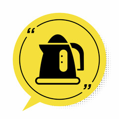 Black Electric kettle icon isolated on white background. Teapot icon. Yellow speech bubble symbol. Vector