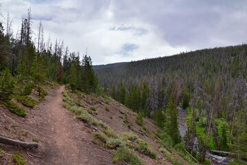 Henry’s Fork hiking trail view towards Kings Peak in Uintah Rocky Mountains in summer, Ashley National Forest, High Uintas Wilderness, Utah. United States. USA
