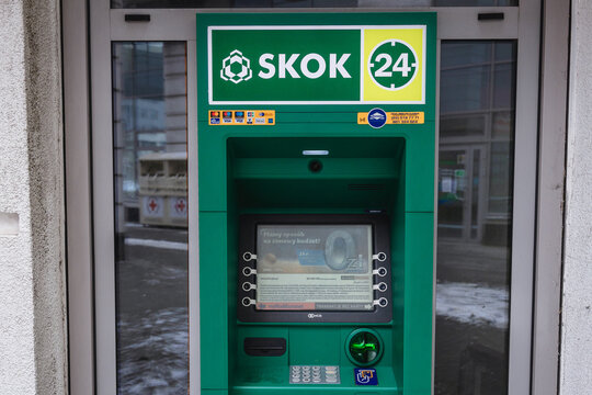 Warsaw, Poland - February 2, 2021: ATM Machine Of SKOK Credit Union In Warsaw Capital City