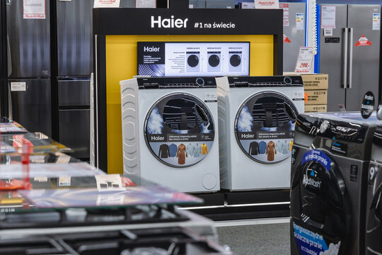 Warsaw, Poland - February 6, 2021: Haier washing machines in MediaMarkt shop in Warsaw capital city