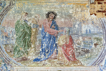 Naklejka premium wall painting inside an abandoned Orthodox church
