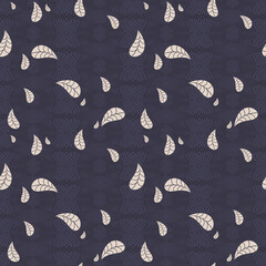Abstract seamless geometric pattern with scattered beige falling leaves on rich blue and violet textured background. Abstract autumn vector for wallpaper, wrapping paper, and home decor.