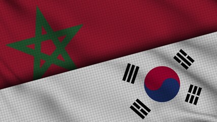 Morocco and South Korea Flags Together, Wavy Fabric, Breaking News, Political Diplomacy Crisis Concept, 3D Illustration