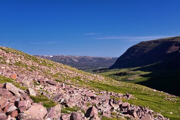 Henry’s Fork hiking trail view towards Kings Peak in Uintah Rocky Mountains in summer, Ashley National Forest, High Uintas Wilderness, Utah. United States. USA