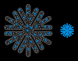 Glossy mesh vector snowflake with glare effect. White mesh, light spots on a black background with snowflake icon. Mesh and glare elements are placed on different layers.