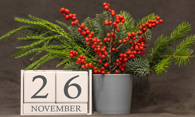 Memory and important date November 26, desk calendar - autumn season.