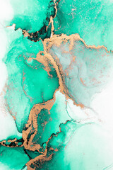 Green gold abstract background of marble liquid ink art painting on paper . Image of original...