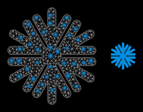 Glossy mesh vector snowflake with glare effect. White mesh, light spots on a black background with snowflake icon. Mesh and glare elements are placed on different layers.