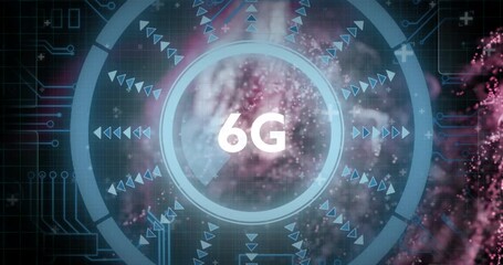 Animation of 6g text over clock on glowing moving wave - Powered by Adobe