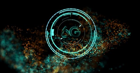 Animation of 6g text over clock on glowing moving wave - Powered by Adobe