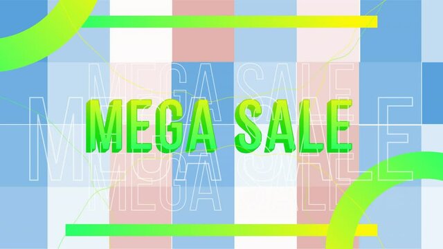 Animation of green mega sale over colorful shapes