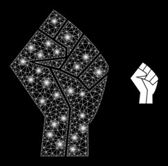 Glossy mesh vector fist with glow effect. White mesh, glare spots on a black background with fist icon. Mesh and glare elements are placed on different layers.