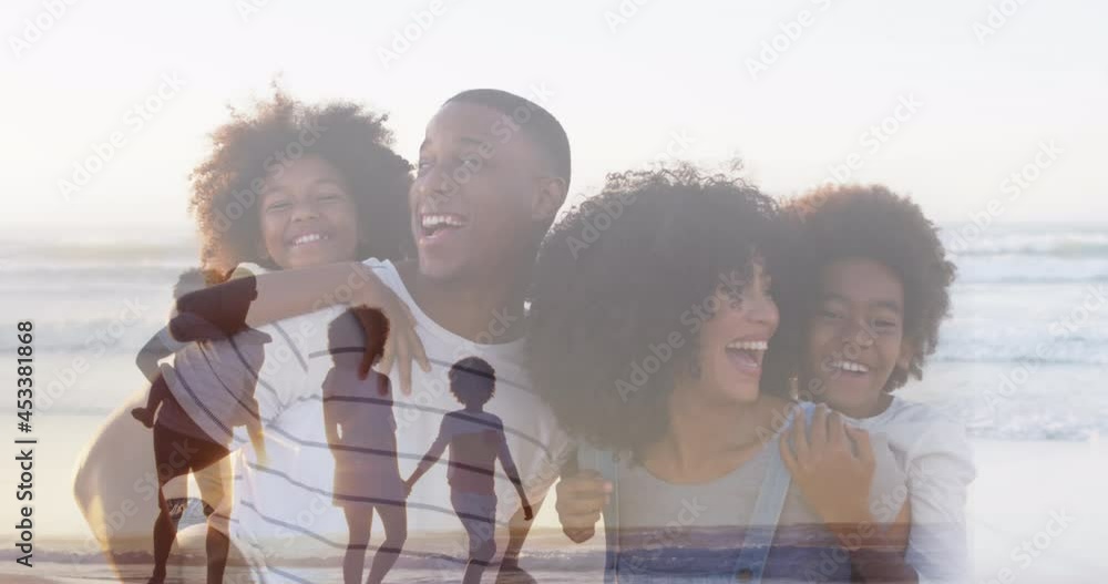 Canvas Prints Composite of happy african american family piggybacking, and walking on beach