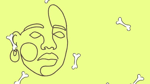 Animation of black line drawing of face with falling bones on yellow background