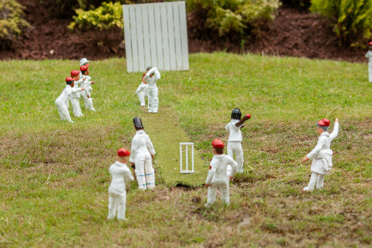 Closeup photo of tiny model cricket players on grass