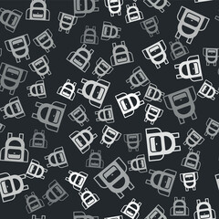 Grey School backpack icon isolated seamless pattern on black background. Vector