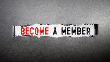 Top angle view of pen and notebook written with text BECOME A MEMBER. Business and education concept.