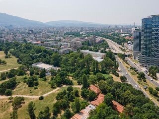 Fototapeta na wymiar Aerial view of city of Sofia near National Palace of Culture, Bulgaria