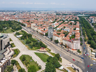 Obraz premium Aerial view of city of Sofia near National Palace of Culture, Bulgaria