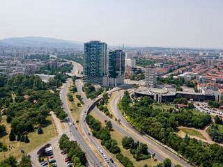 Fototapeta na wymiar Aerial view of city of Sofia near National Palace of Culture, Bulgaria