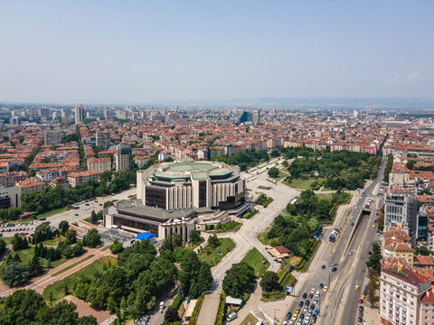 Aerial view of city of Sofia near National Palace of Culture, Bulgaria