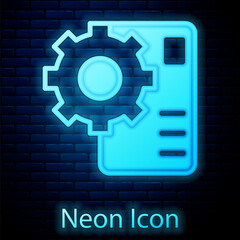 Glowing neon Neural network icon isolated on brick wall background. Artificial intelligence AI. Vector