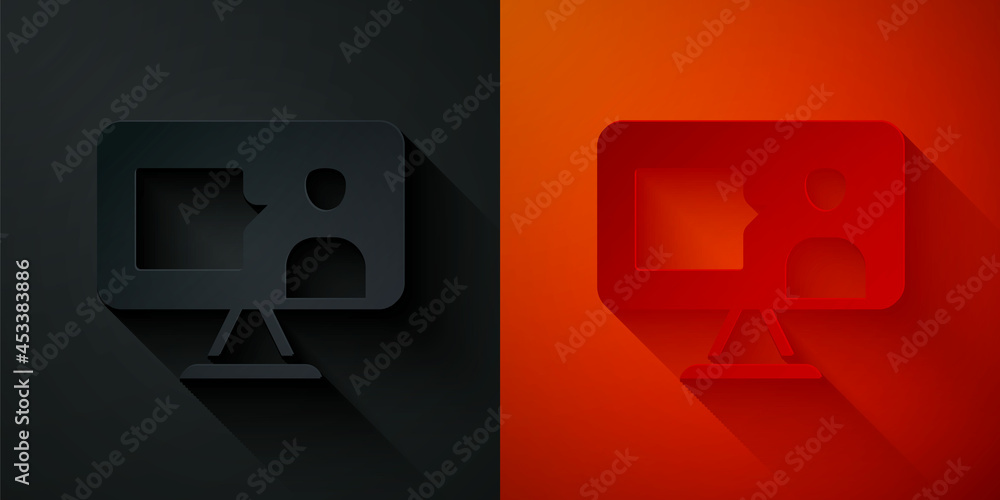 Poster paper cut e-learning of different foreign languages icon isolated on black and red background. paper