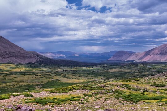 Landscape views from Kings Peak panorama in Uintah Rocky Mountains from Henry&rsquo;s Fork hiking trail in summer, Ashley National Forest, High Uintas Wilderness, Utah. United States. USA