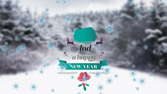 Animation of christmas text over fir trees in winter landscape