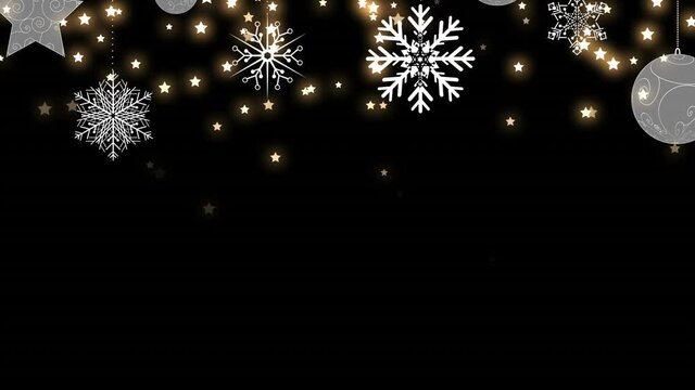 Animation of fir trees branches with decoration over stars falling