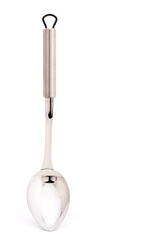 Kitchen spoon or metallic serving spoon, kitchen utensil isolated on white background with space for text