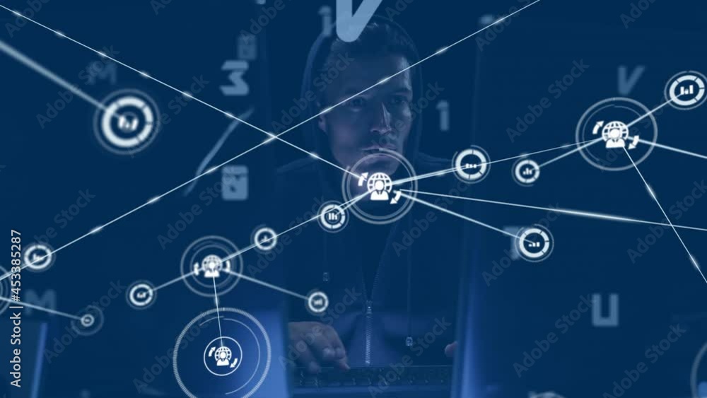 Poster Animation of network of connections over hacker using computer