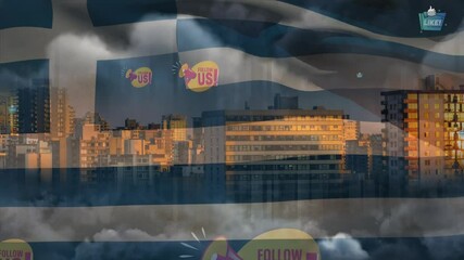 Animation of flag of greece blowing over cityscape and text follow us and like, online messages - Powered by Adobe