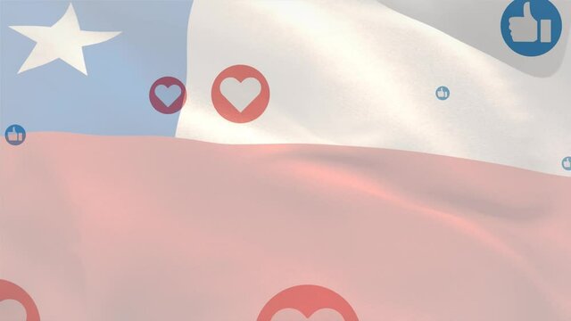 Animation of flag of chile blowing over floating social network symbols