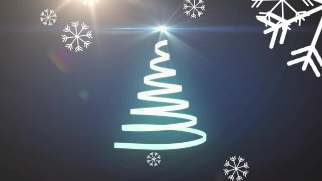 Animation of christmas tree formed with blue ribbon and snow falling