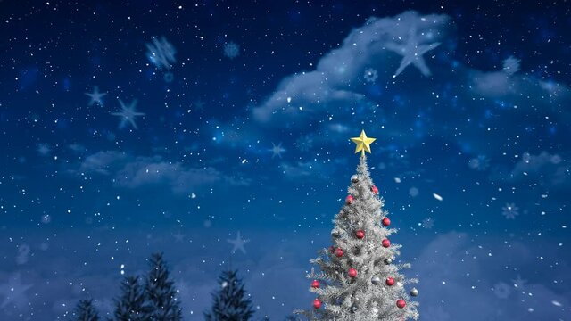 Animation of snow falling over christmas tree, fir trees and moon in winter scenery