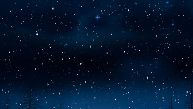 Animation of snow falling over fir trees and moon in winter scenery