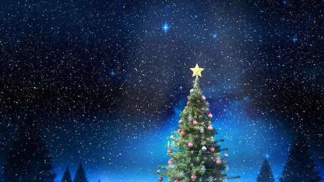 Animation of snow falling over christmas tree and fir trees in winter scenery