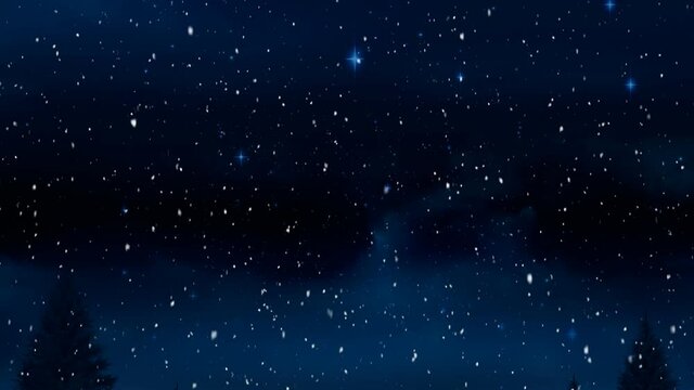 Animation of snow falling over fir trees and moon in winter scenery