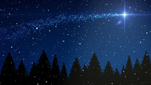 Animation of snow falling over fir trees and shooting stars in winter scenery