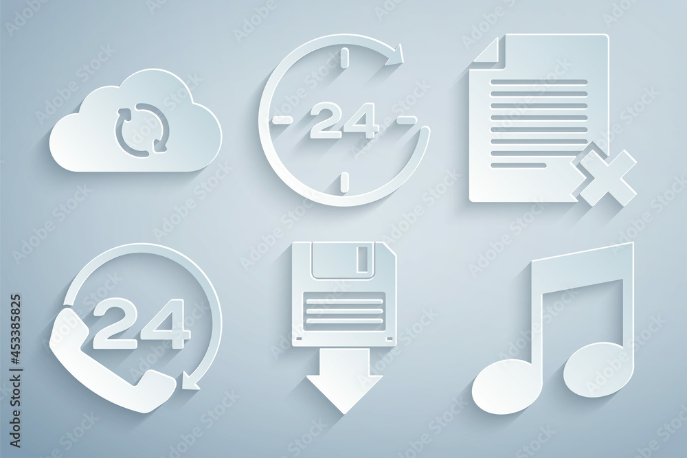 Poster set floppy disk backup, delete file document, telephone 24 hours support, music note, tone, clock an