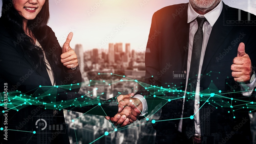 Poster conceptual business handshake with dashboard for financial data analysis . 3d render computer graphi
