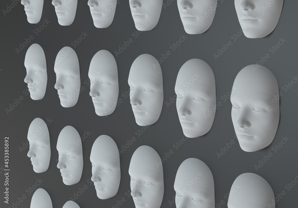 Poster surreal 3d illustration of multiple faces in a wall.