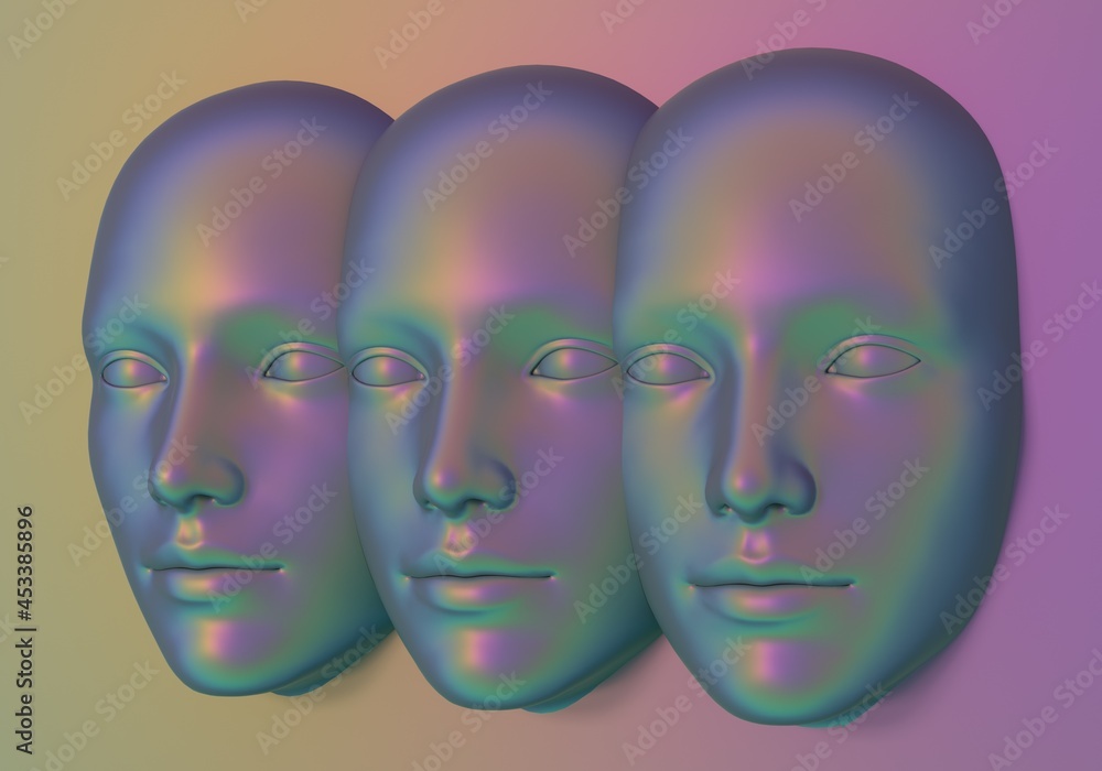 Poster Surreal 3d illustration of multiple faces in a wall. Concept of AI and swarm intelligence.