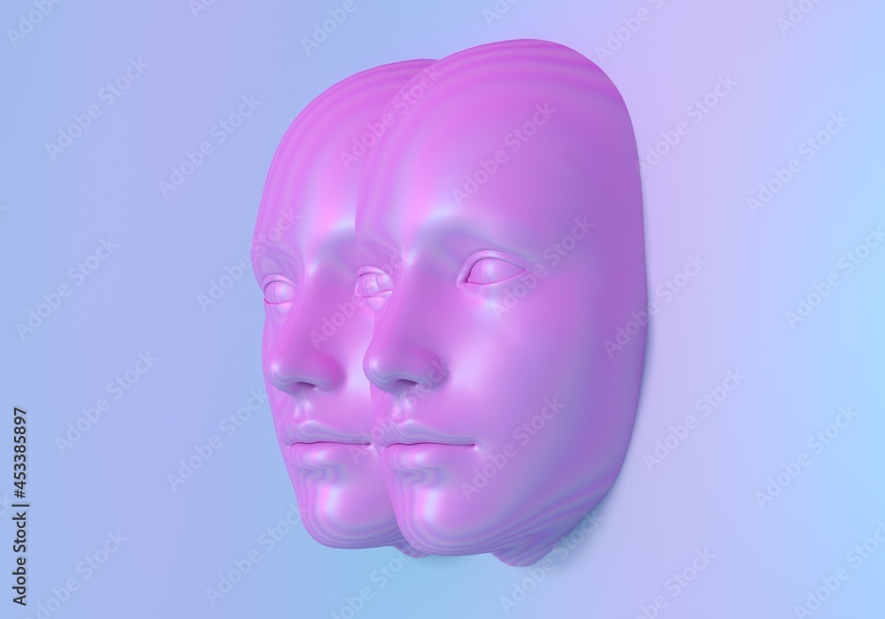 Aufkleber surreal 3d illustration of multiple faces in a wall. concept of ai and swarm intelligence.