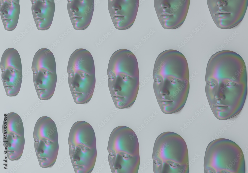 Poster surreal 3d illustration of multiple faces in a wall.