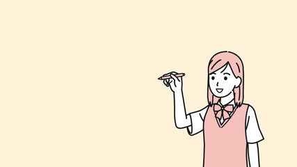 ペンで指す　学生　女の子　中高生　高校生　中学　ポイント　イラスト素材